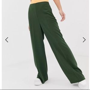 ASOS DESIGN Dark Green Wide Leg Pants with Clean High Waist & Side Zipper